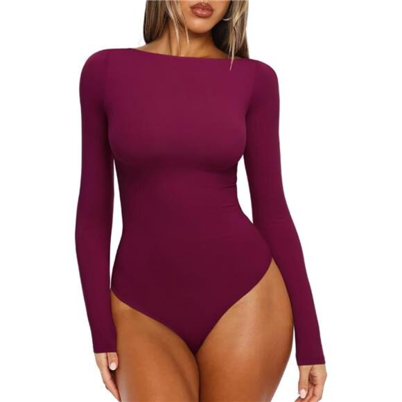 Tops - Women's Boat Neck Long Sleeve Bodysuit Burgundy